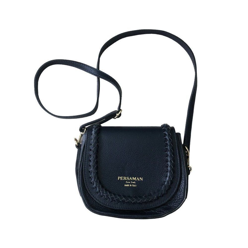 Persaman New York Womens Pebbled Leather Flap Shoulder Handbag Dark Navy Blue